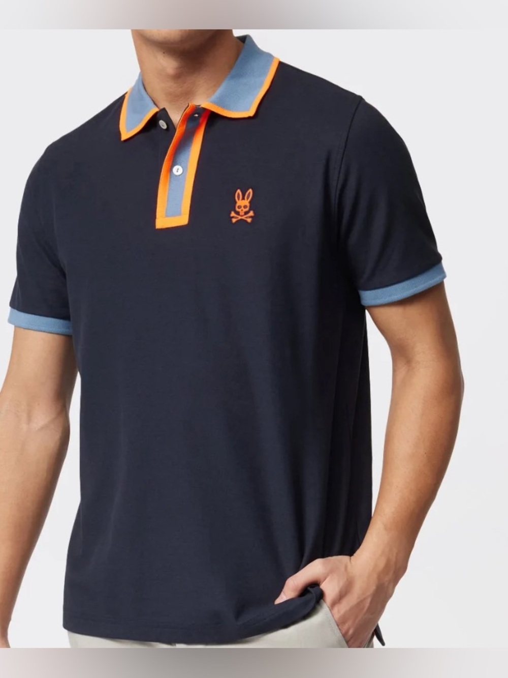 Psycho Bunny Kay Fashion Polo Men’s 7 XL Navy Blue Orange Pima Cotton Pique